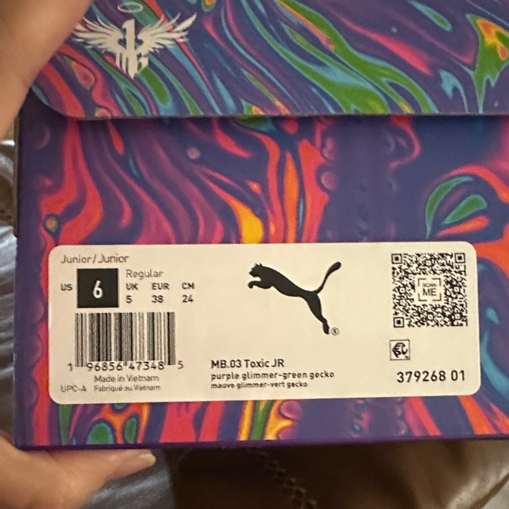 Puma M.E.L.O purple and Green Gecko basketball Shoes. MB.03 Toxic Jr